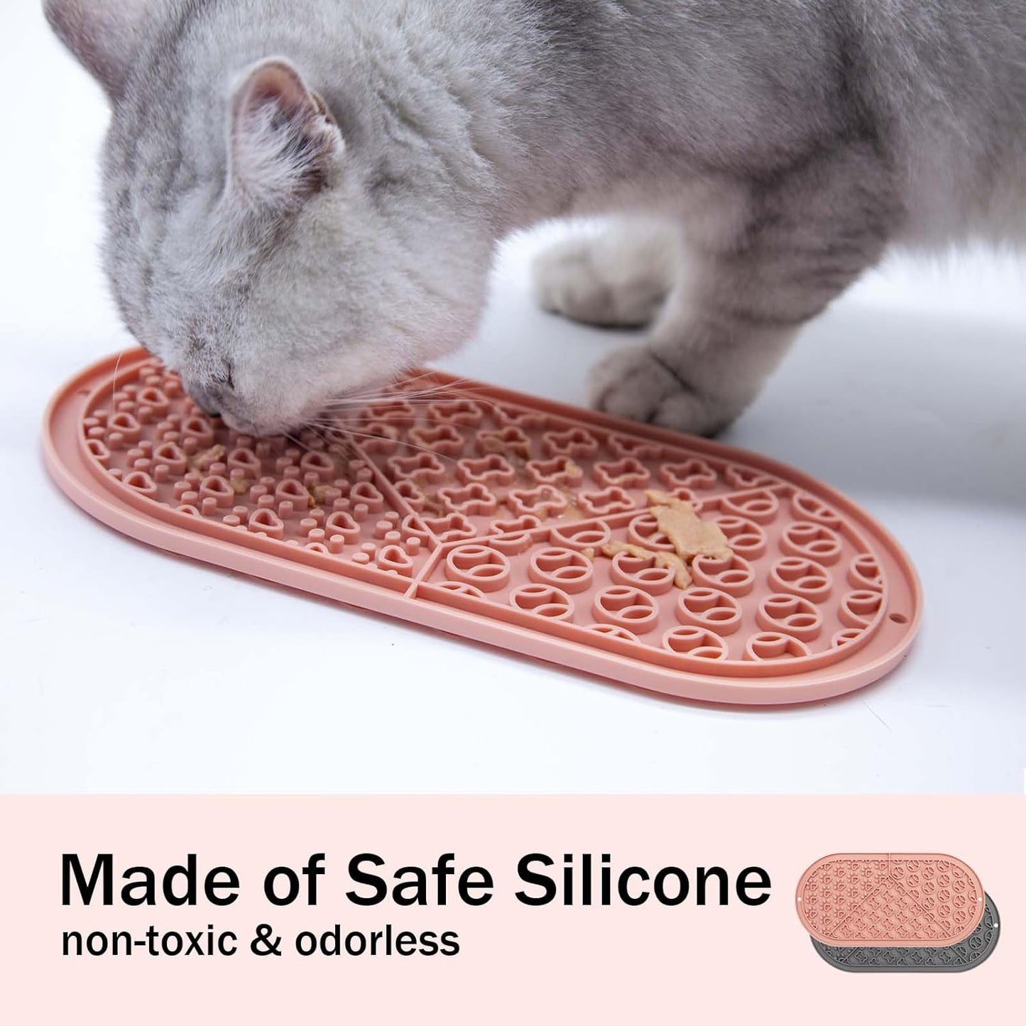Oval Pet Licking Mat with Suction Cups for Dogs and Cats, Food-Grade Silicone Slow Feeding Puzzle Toy, Non-Slip Dog Treat Mat for Anxiety & Boredom Relief (Pink+Gray)