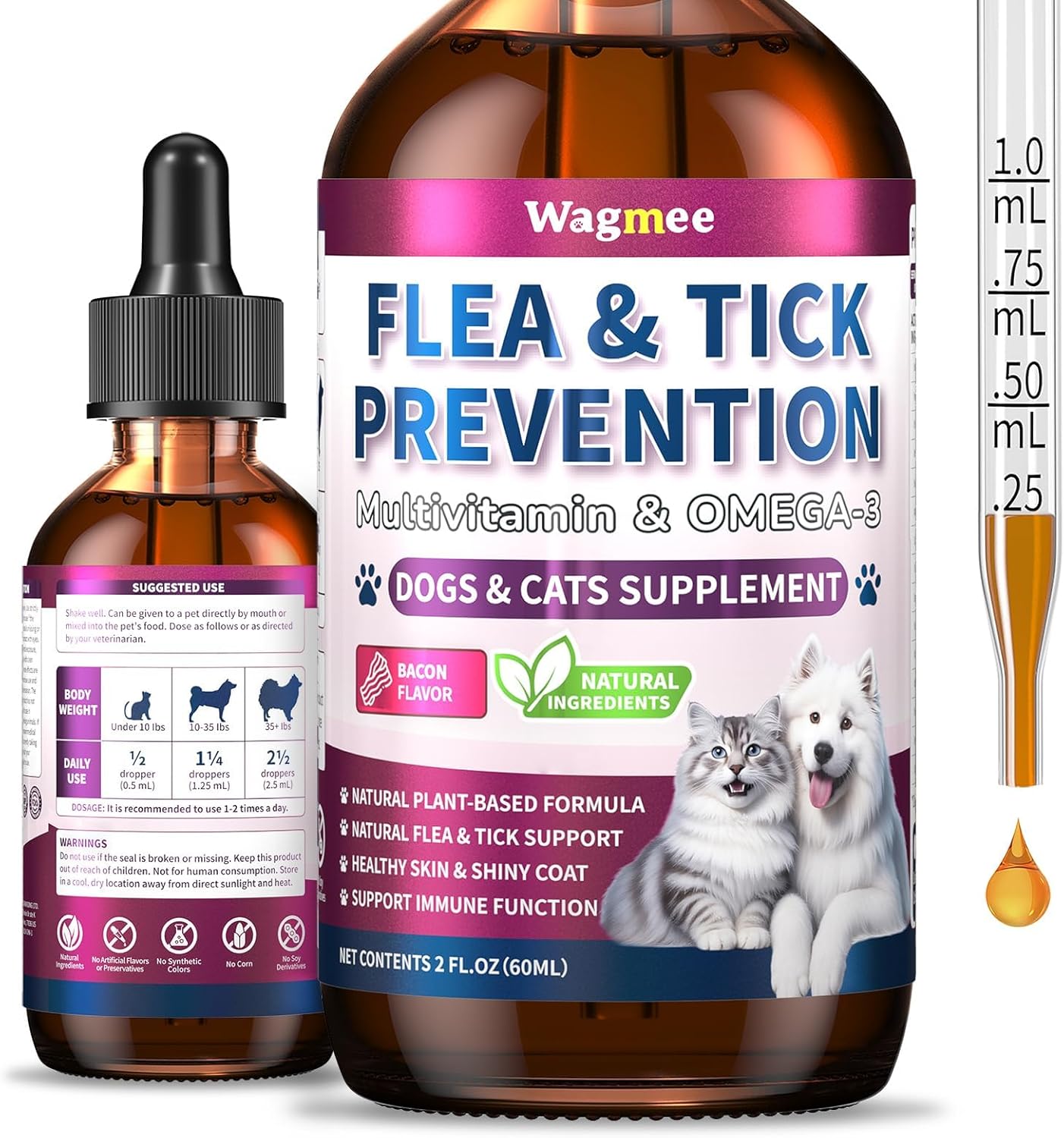 Flea & Tick Prevention for Dog and Cat, Natural Oral Flea & Tick Support Drops with Multivitamin Omega-3 for Pets - Supports Healthy Skin & Coat - Flea Herbal Drops All Breeds and Sizes - Bacon