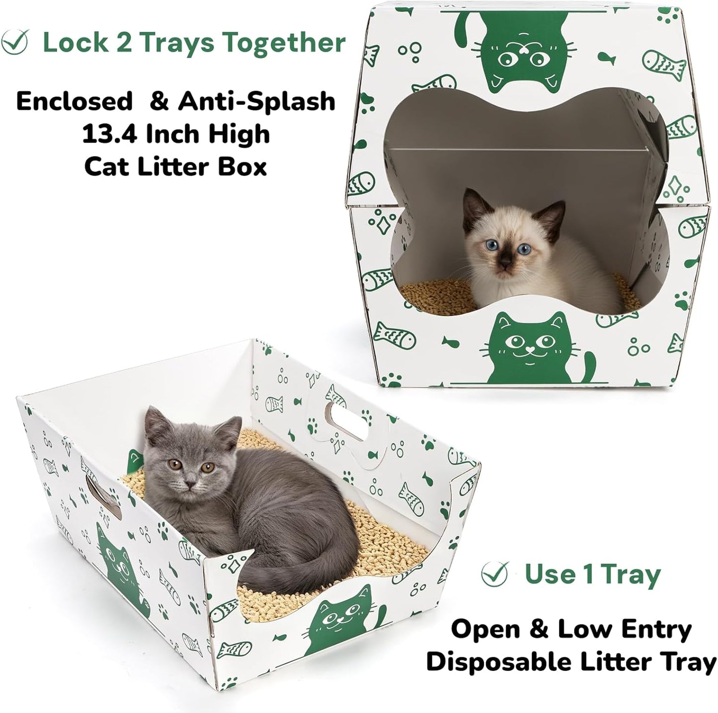 SOUJOY 8 Pack Disposable Cat Litter Box, Sturdy White Cardboard Litter Boxes with Scoop, Anti-Splashing Foldable Enclosed Travel Litter Tray for Cats Puppies Small Pets, 16" L x 12" W x 6.7" H
