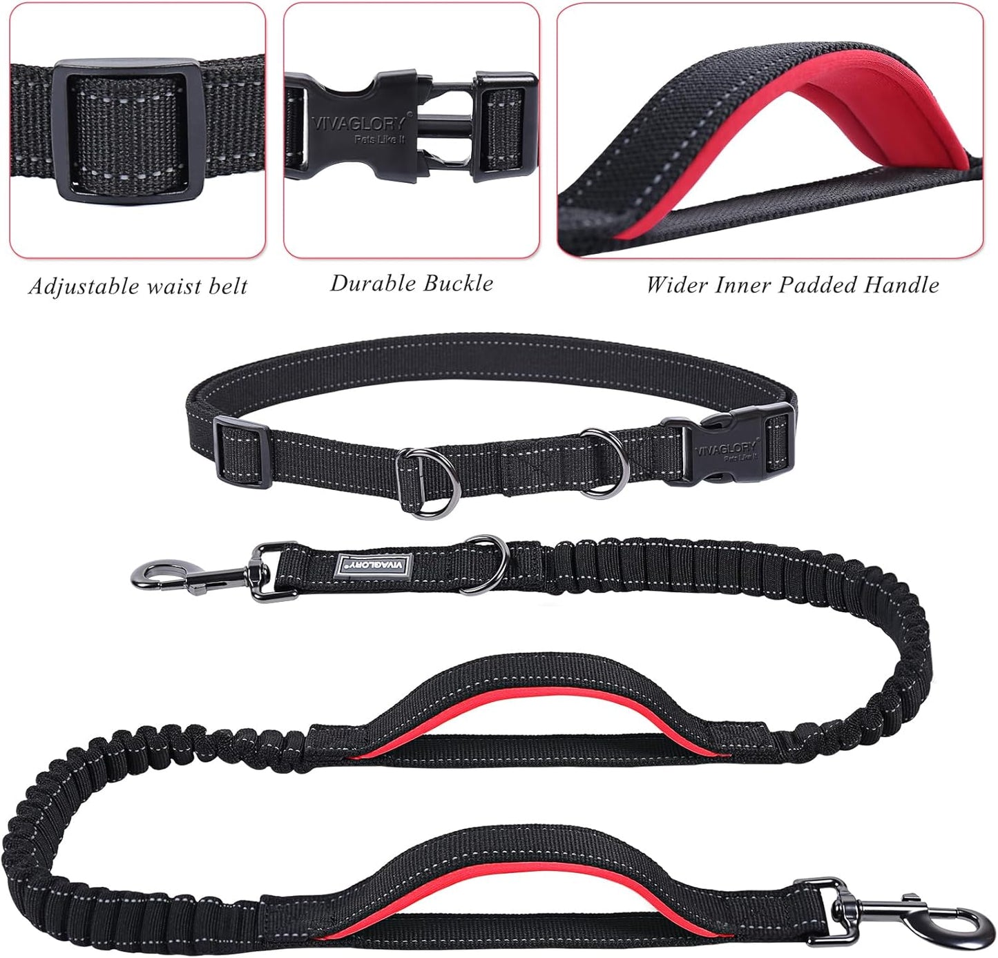 VIVAGLORY Hands Free Dog Leash + Dog Coat, Running Waist Leash with Belt for Running Walking, Warm Fleece Lined Reflective