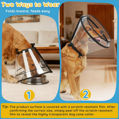 Dog Cone Collar After Surgery, Extended Dog Recovery Cone to Stop Licking Wounds, Transparent Soft Elizabethan Collar for Large Medium Small Dogs, Adjustable Pet Cone with Elastic Neck Loops