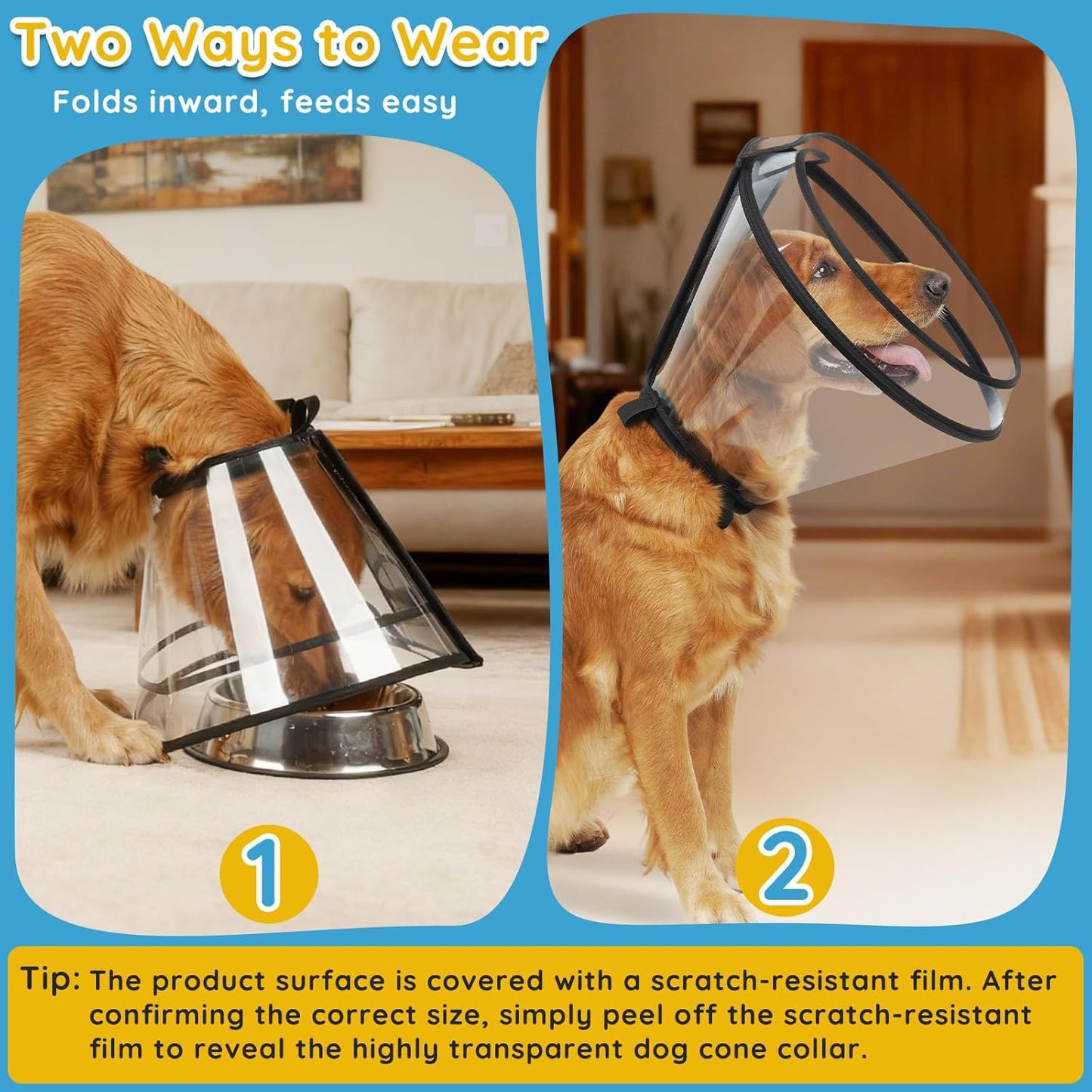 Dog Cone Collar After Surgery, Extended Dog Recovery Cone to Stop Licking Wounds, Transparent Soft Elizabethan Collar for Large Medium Small Dogs, Adjustable Pet Cone with Elastic Neck Loops