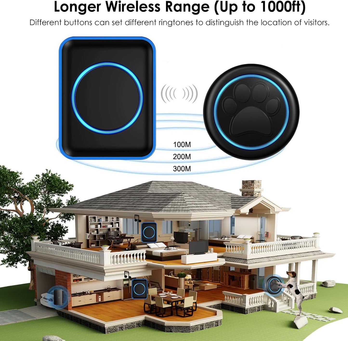 Full House Dog Doorbell for Potty Training, Wireless Pet Doggie Door Bell Training to Go Outside, Waterproof Touch Button, Over 1000 feet Range