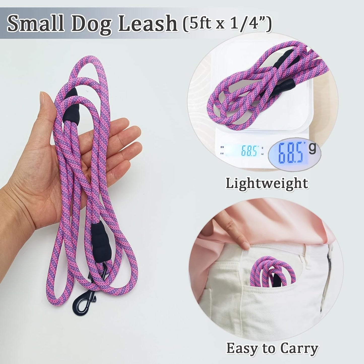 WYuZe 5ft Puppy Leash for Small Dogs, 1/4" Thin Rope Dog Leash with Easy to Use Hook, Lightweight Leashes for Chihuahua/Yorkie/Toy Breed, 10 Colors, Pink Purple
