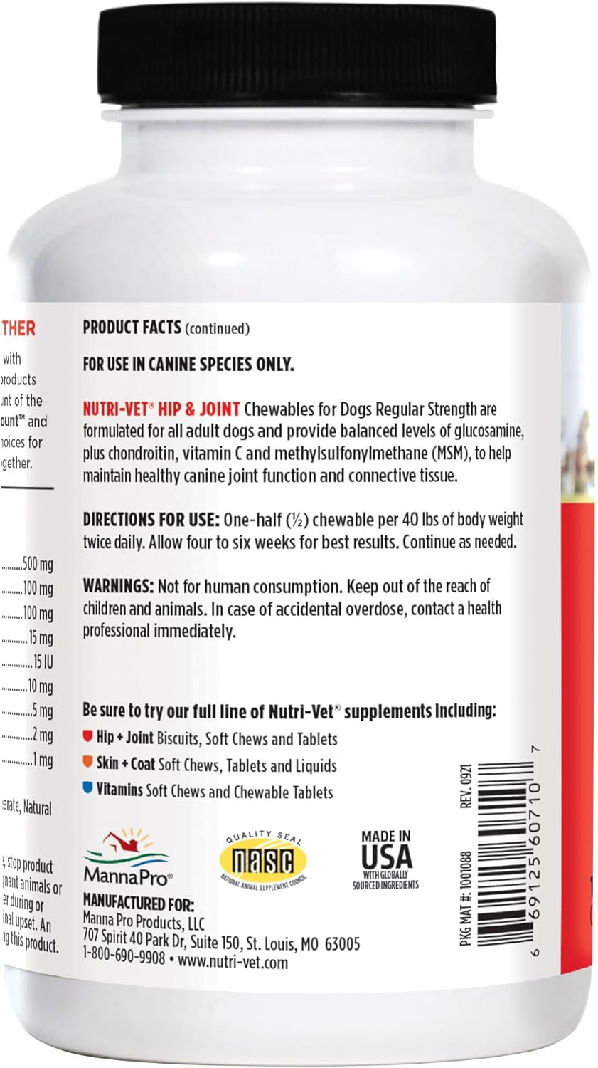 Nutri-Vet Hip & Joint Regular Strength Chewable Dog Supplements, Joint Supplement for Dogs, Chewable Supplement, Formulated with Glucosamine Chondroitin, Pet Supplies, Puppy Essentials, 180 Count