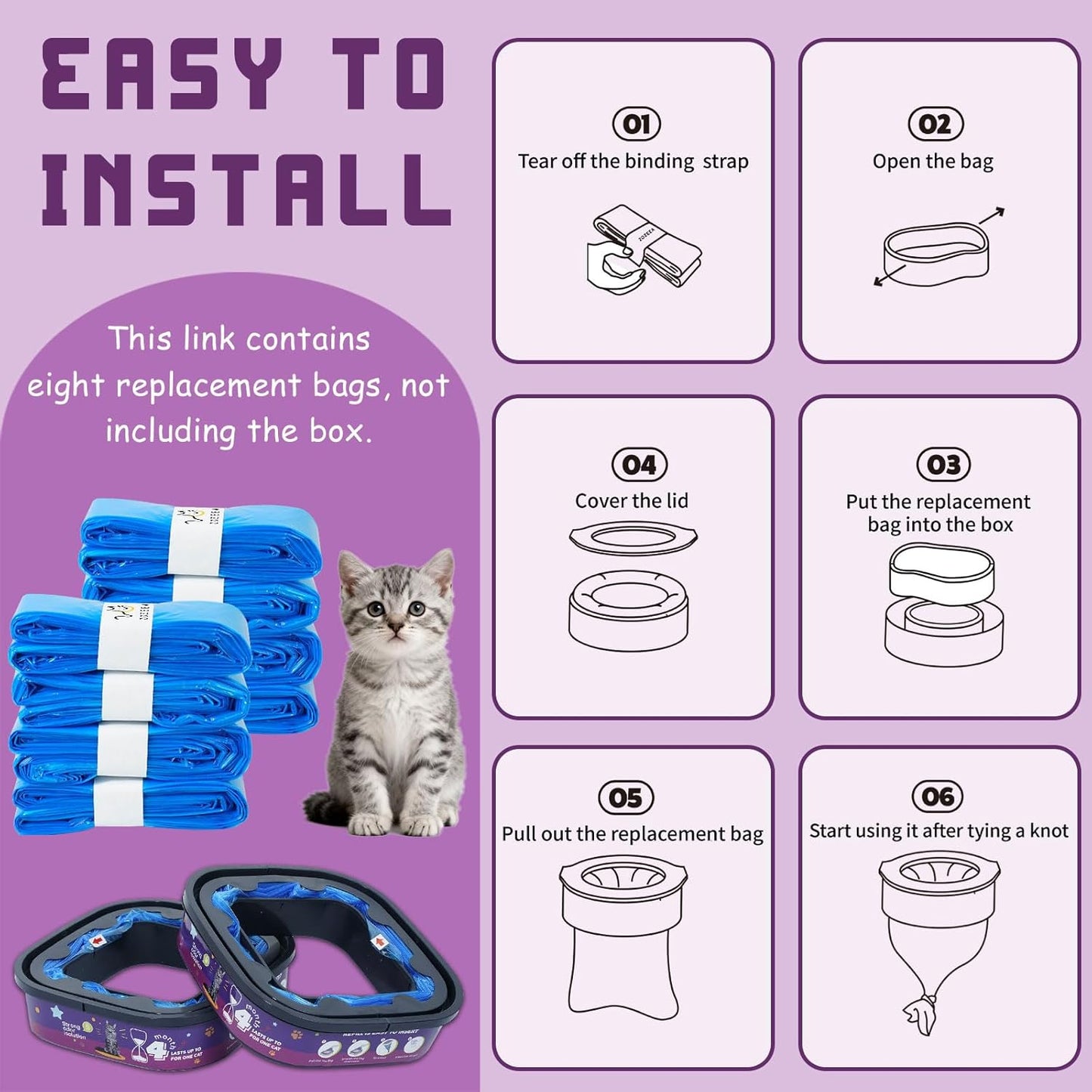 8 Pack Cat Litter Refill Bags Compatible with Litter Genie XL+/XL/Plus/Standard/Style/Pet Pail, Extra 80% Length 32 Months Use Time, Super Odor Control Litter Refills