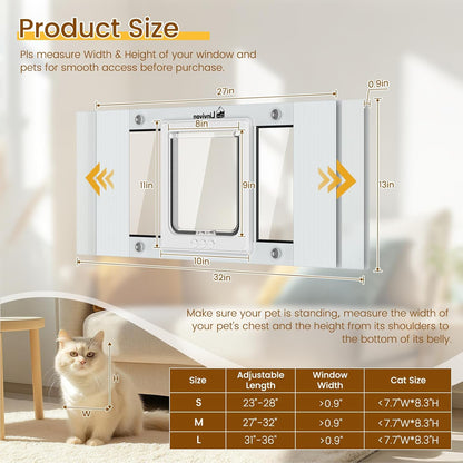 Cat Door for Window, Quick Installation Adjustable Width of 27"-32", Cat Window Door with 4 Locking Modes, Magnetic Closure Design, Weatherproof Aluminum Frame Cat Door Window Insert