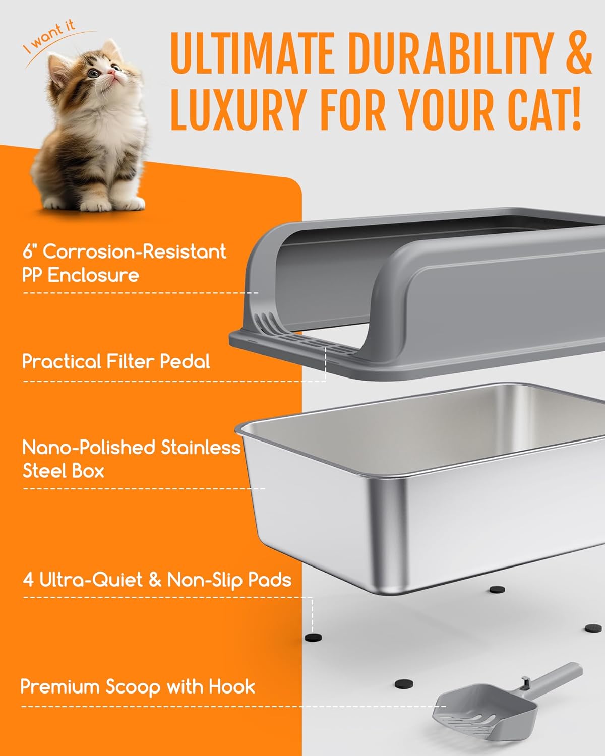 Stainless Steel Cat Litter Box, Metal Kitty Litter Box with Scoop, Anti-Leakage Top Entry, Non-Sticky, Easy to Clean, Grey, S (1 Pack)