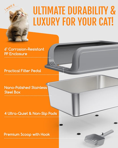 Stainless Steel Cat Litter Box, Metal Kitty Litter Box with Scoop, Anti-Leakage Top Entry, Non-Sticky, Easy to Clean, Grey, S (1 Pack)