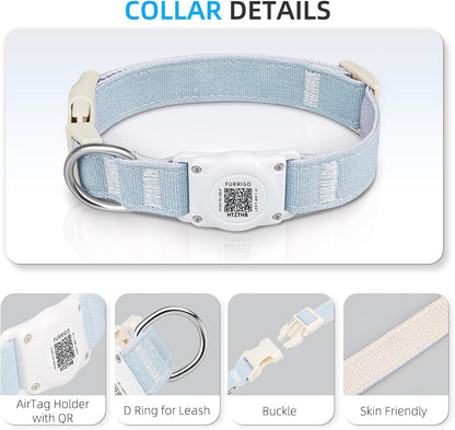 Airtag Dog Collar QR Code - IP68 Waterproof Integrated Air Tag Dog Collar Holder ID Tag - Free Pet Online Profile - Durable Natural Cotton Hemp - Fits for Small Medium Large Dogs (Blue, L)