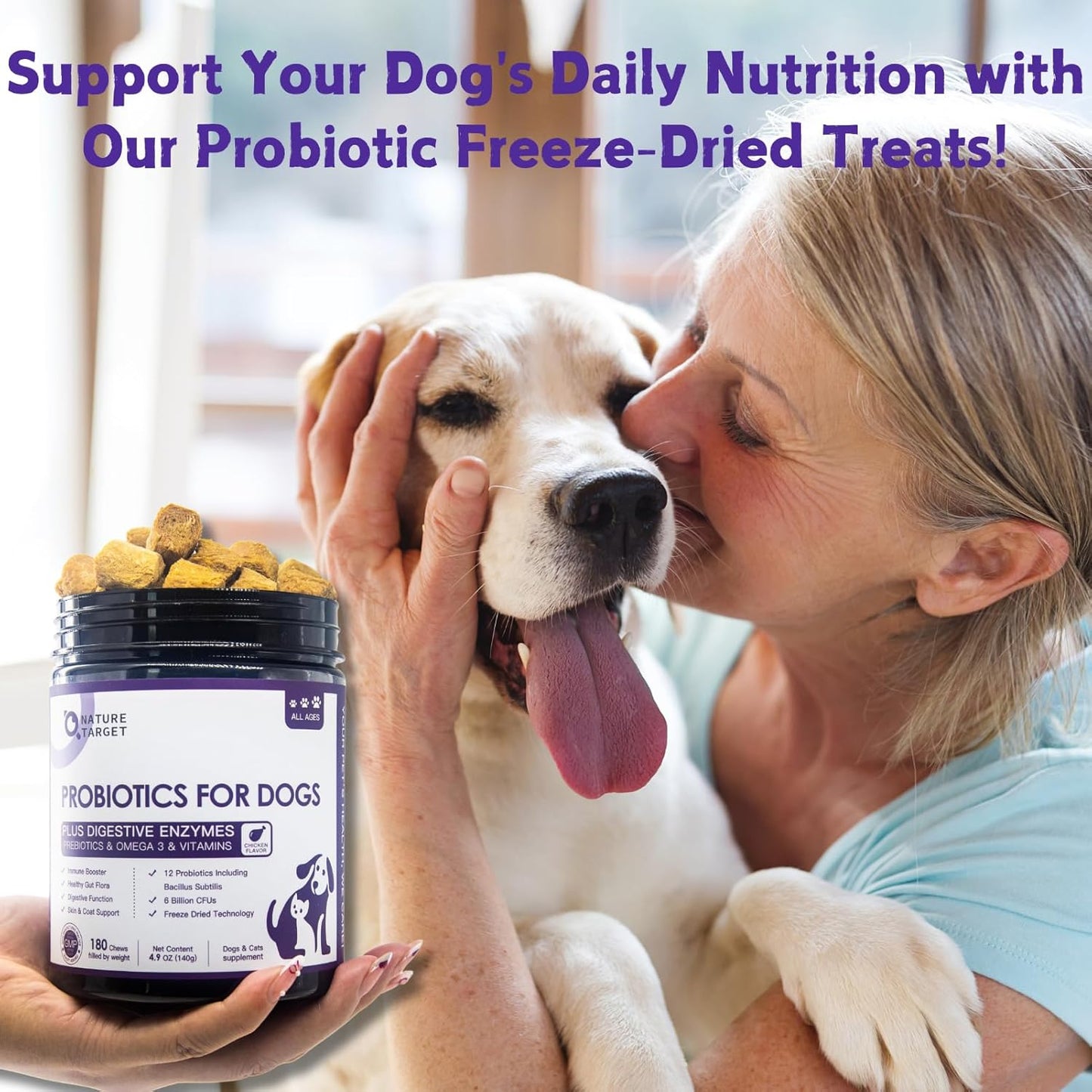 NATURE TARGET Probiotics for Dogs, 6 Billion CFUs, Freeze Dried Dog Probiotics with Prebiotics & Enzymes for Diarrhea, Gas, Vitamins & Omega 3 for Skin & Immune Health, Allergy Itch Relief, 180 Count
