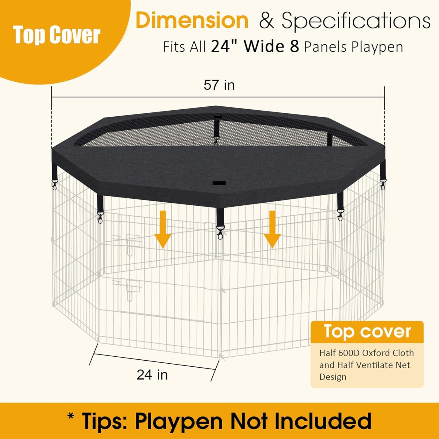 Dog Pen Pet Playpen Dog Fence Pad Indoor Foldable Metal Wire Exercise Puppy Play Yard Pet Enclosure Cover Outdoor (Only Top Cover, Playpen Not Included)
