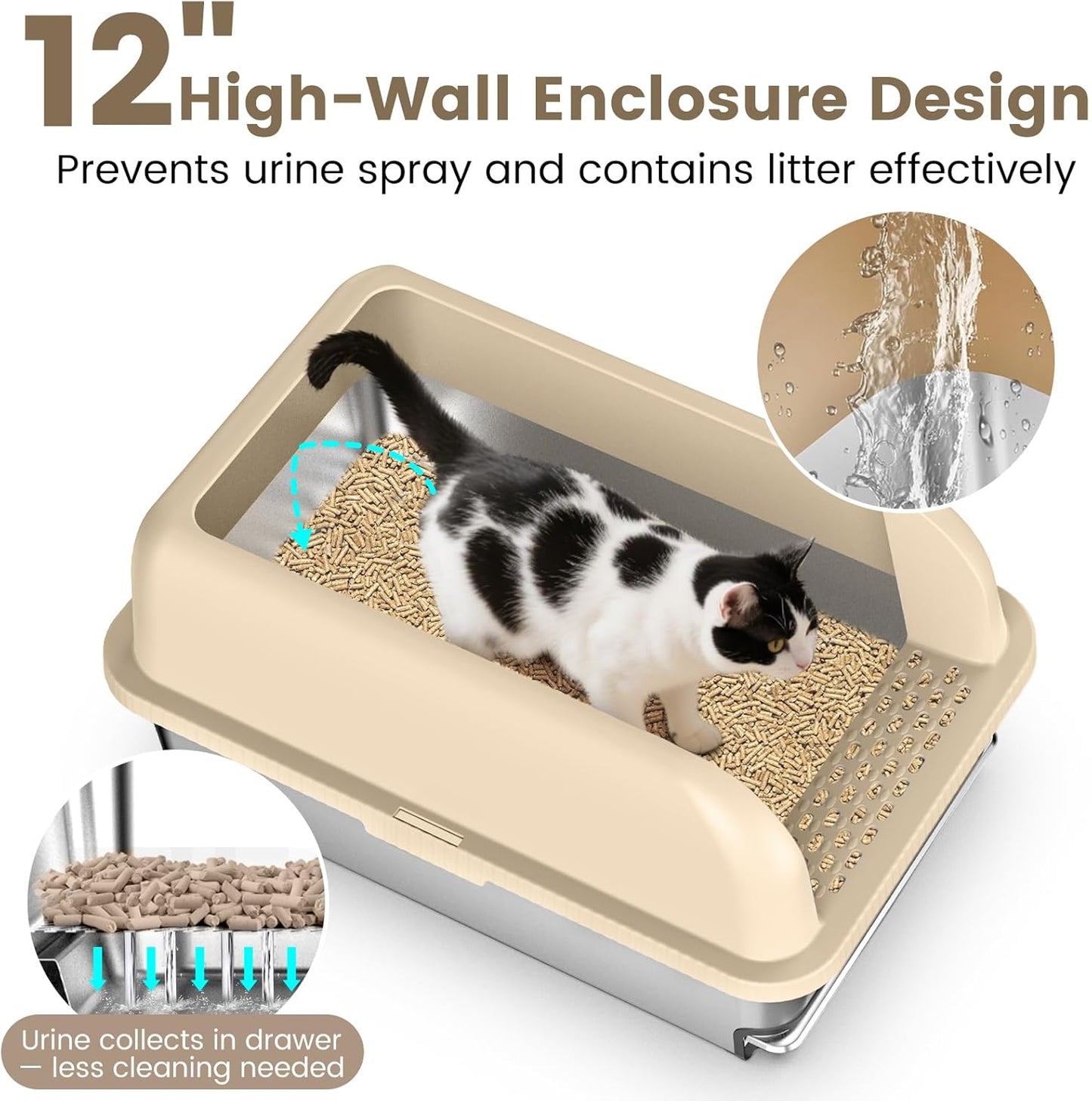 23.6"x16"x12" Stainless Steel Sifting Litter Box with Lid, XL Sifting Litter Box for Pine Pellets Less Tracking, High Sides Metal Litter Tray with Removable Drawer Pan, Anti-Leakage, Easy Cleaning