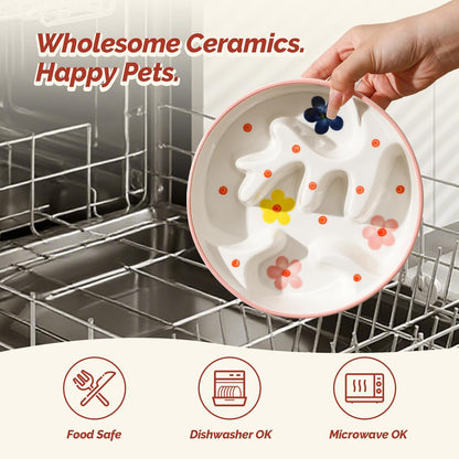 Ceramic Dog Bowl Set for Medium Dogs - Colorful Slow Feeder & Double Water Bowls with Bamboo Stand - Anti-Gulping Food and Water Dish Combo