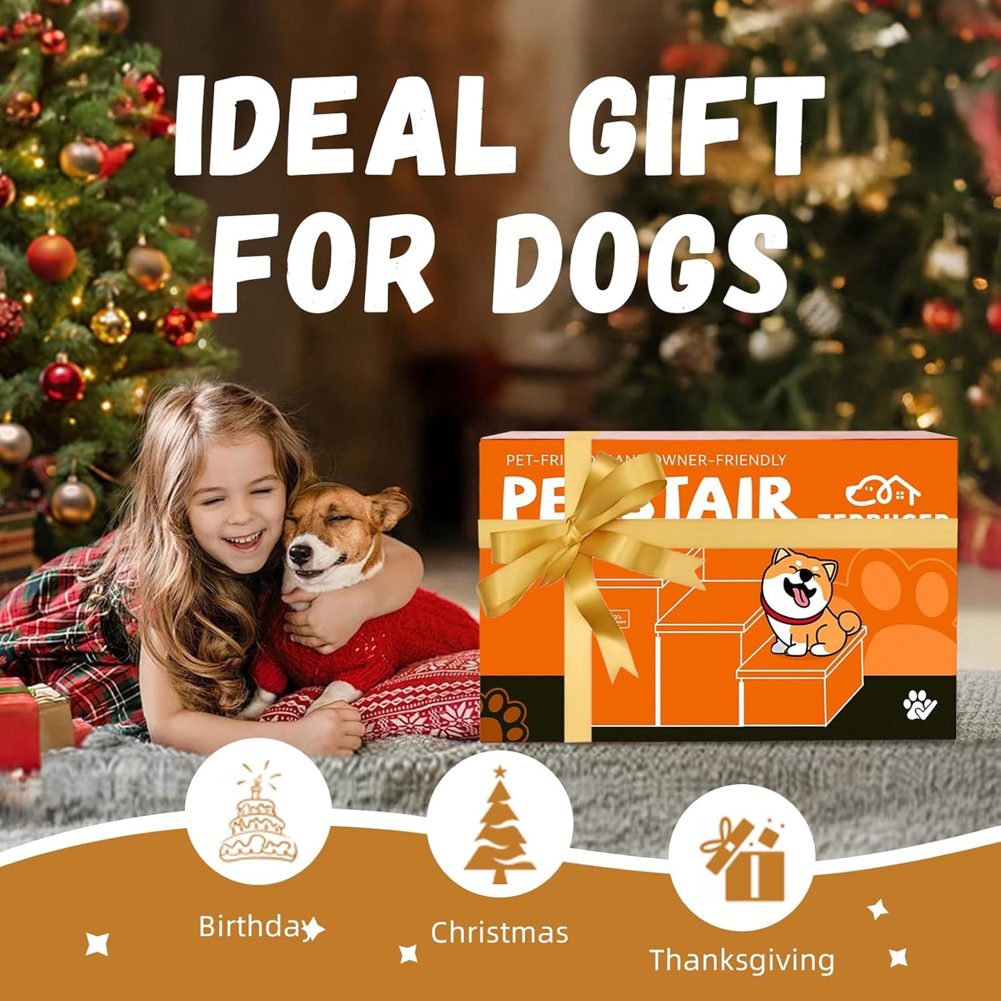 Dog Stairs with Storage 18" H, 3-Step Wider Dog Steps for Small/Medium/Large Old Dogs Cats, Folding Sturdy Pet Stairs Climbing Bed or Couch, Ramp for Car Up to 200 lbs (Beige, No Condo)