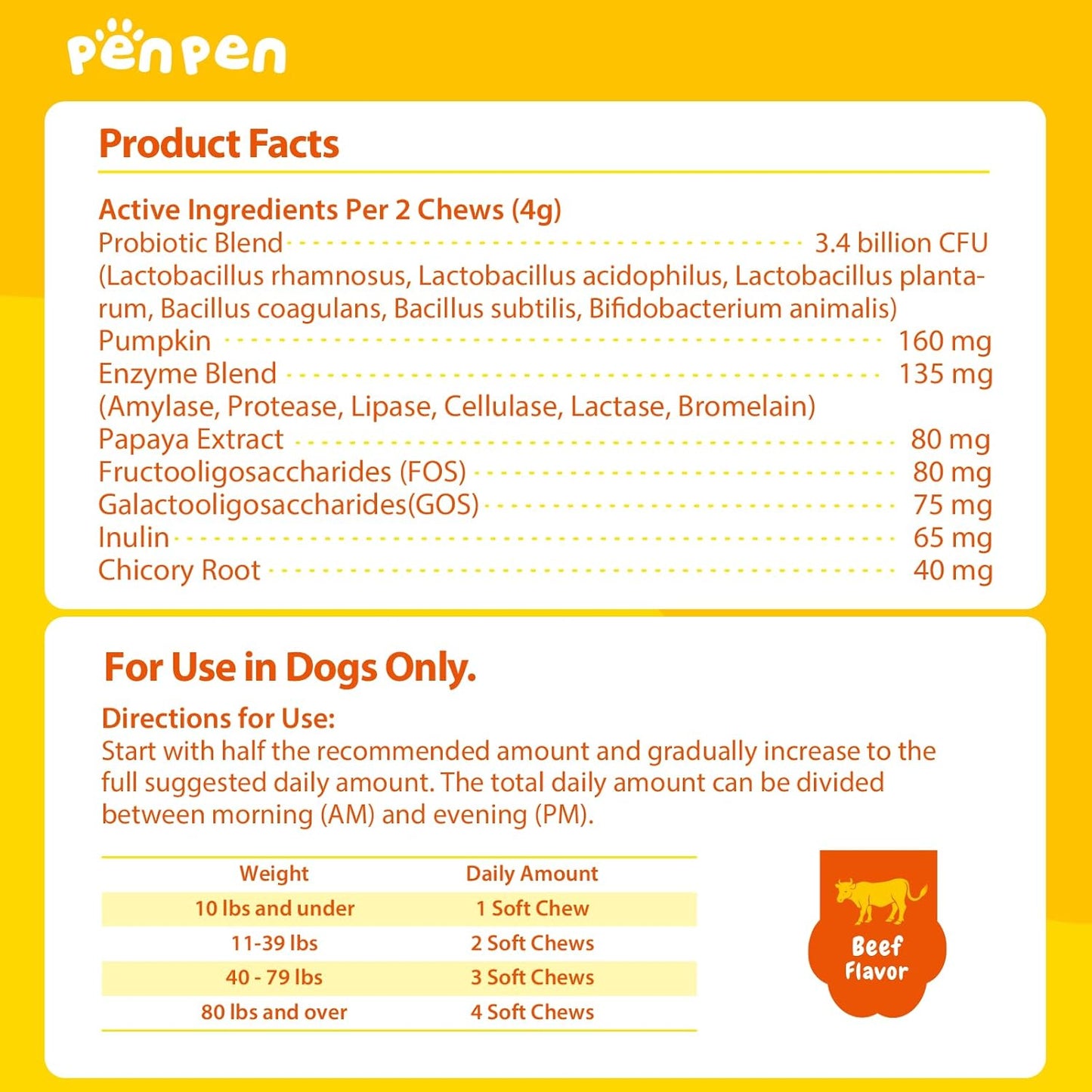 PENPEN Probiotics for Dogs, Dogs Probiotics for Digestive Health, Multi-Probiotic and Enzyme Blend Promote Gut Health & Immune Support, Eases Sensitive Stomachs (Beef Chews, 50ct)