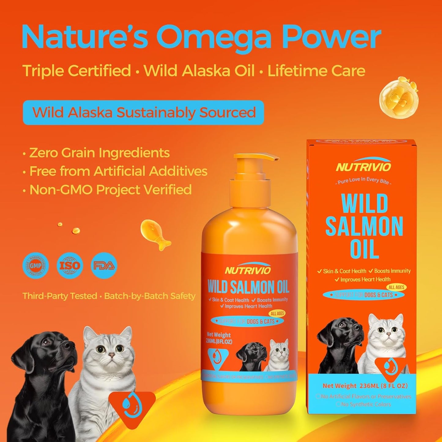 Wild Alaska Salmon Oil for Dogs & Cats Fish Oil Omega 3 Supplements with EPA & DHA for Skin & Coat, Immune, Brain, Joint and Heart Health, Dog & Cat Fish Oil Supplements 236ml（8fl oz）