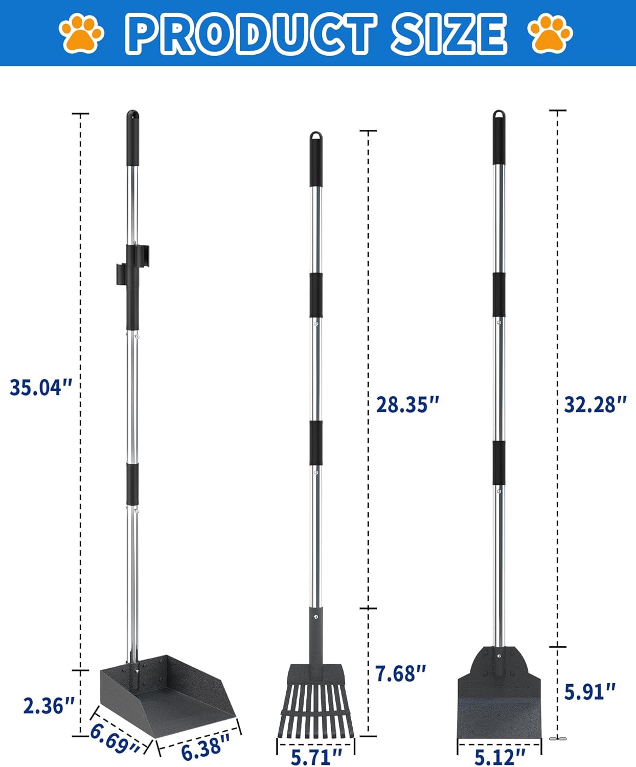 Dog Pooper Scooper Set, Stainless Metal Tray Rake Spade 3 Pack, Long Handle Pet Waste Scooper for Large Medium Small Dogs, Heavy Duty Poop Scooper for Yard, Grass, Dirt or Gravel