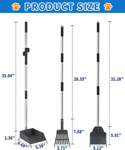 Dog Pooper Scooper Set, Stainless Metal Tray Rake Spade 3 Pack, Long Handle Pet Waste Scooper for Large Medium Small Dogs, Heavy Duty Poop Scooper for Yard, Grass, Dirt or Gravel
