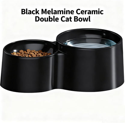 Ceramic Raised Cat Bowls, Tilted Elevated Anti Vomit Bowls for Indoor Cats, Non-Slip Bottom, Dual Food & Water Black Bowl, Whisker Friendly Pet Feeder for Cats Puppies