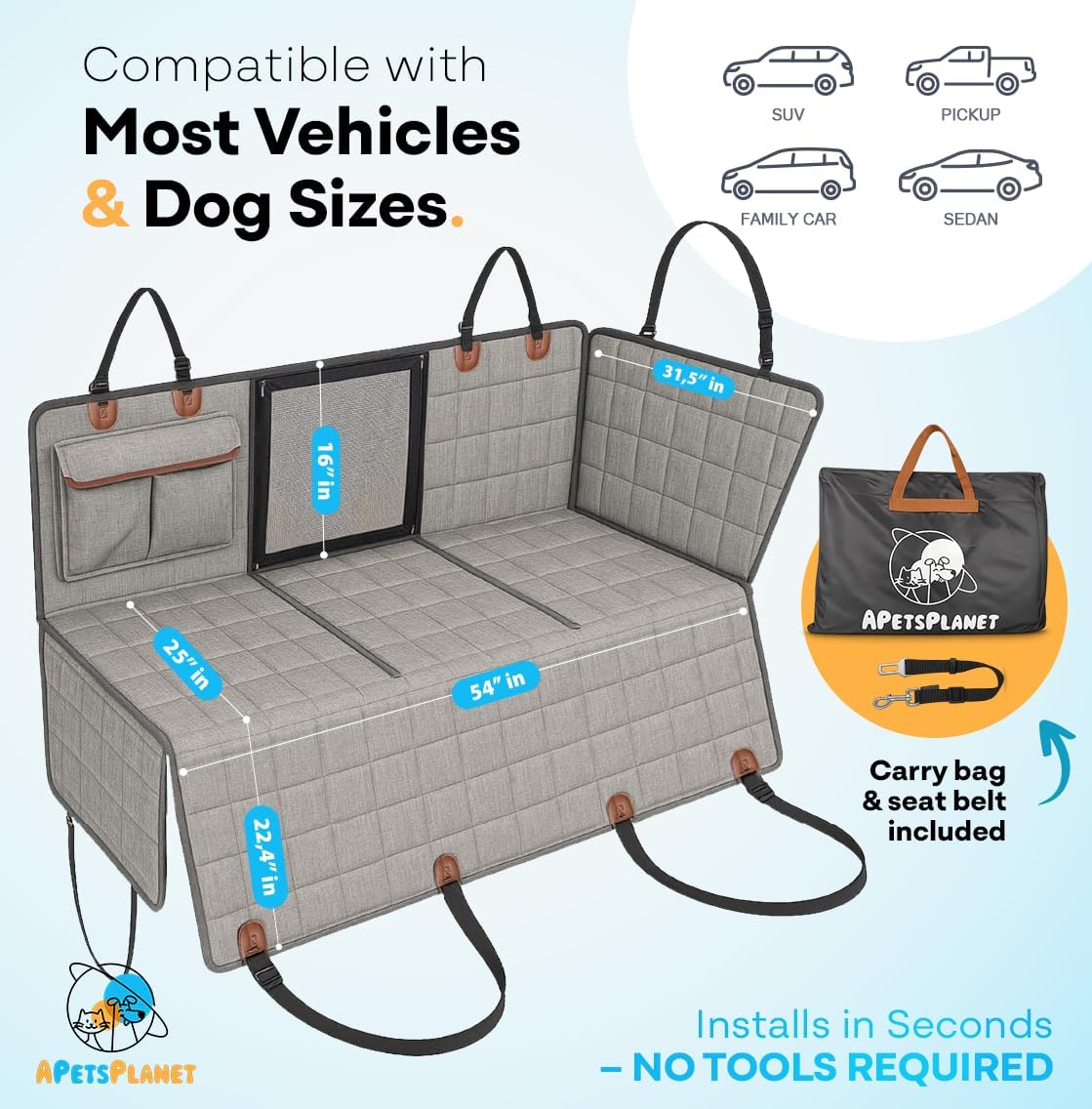 APetsPlanet Dog Car Seat Cover for Back Seat Hard Bottom - Waterproof Backseat Extender for Dogs - Pet Hammock for Car, Truck, SUV - Protector Bed with Mesh Window & Storage - Gray, with Door Covers