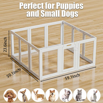 Clear Acrylic Dog Playpen Small Pet Play Pen for Small Dogs, Puppies, Cats & Rabbits, Assemble & Disassemble, with Door & Suction Cups (23.6" H, 12PCS),White