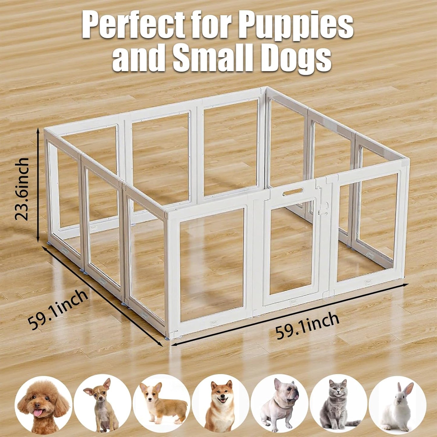 Clear Acrylic Dog Playpen Small Pet Play Pen for Small Dogs, Puppies, Cats & Rabbits, Assemble & Disassemble, with Door & Suction Cups (23.6" H, 12PCS),White