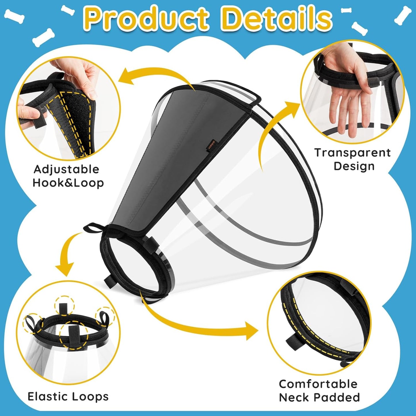 Dog Cone Collar After Surgery, Extended Dog Recovery Cone to Stop Licking Wounds, Transparent Soft Elizabethan Collar for Large Medium Small Dogs, Adjustable Pet Cone with Elastic Neck Loops