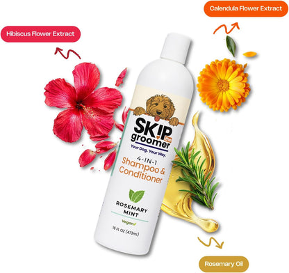 4-in-1 Dog Shampoo & Conditioner, Rosemary Mint, Cleans, Conditions, Detangles & Deodorizes, Natural, Vegan, Gentle Grooming for All Breeds & Coat Types 16 oz, Made in USA