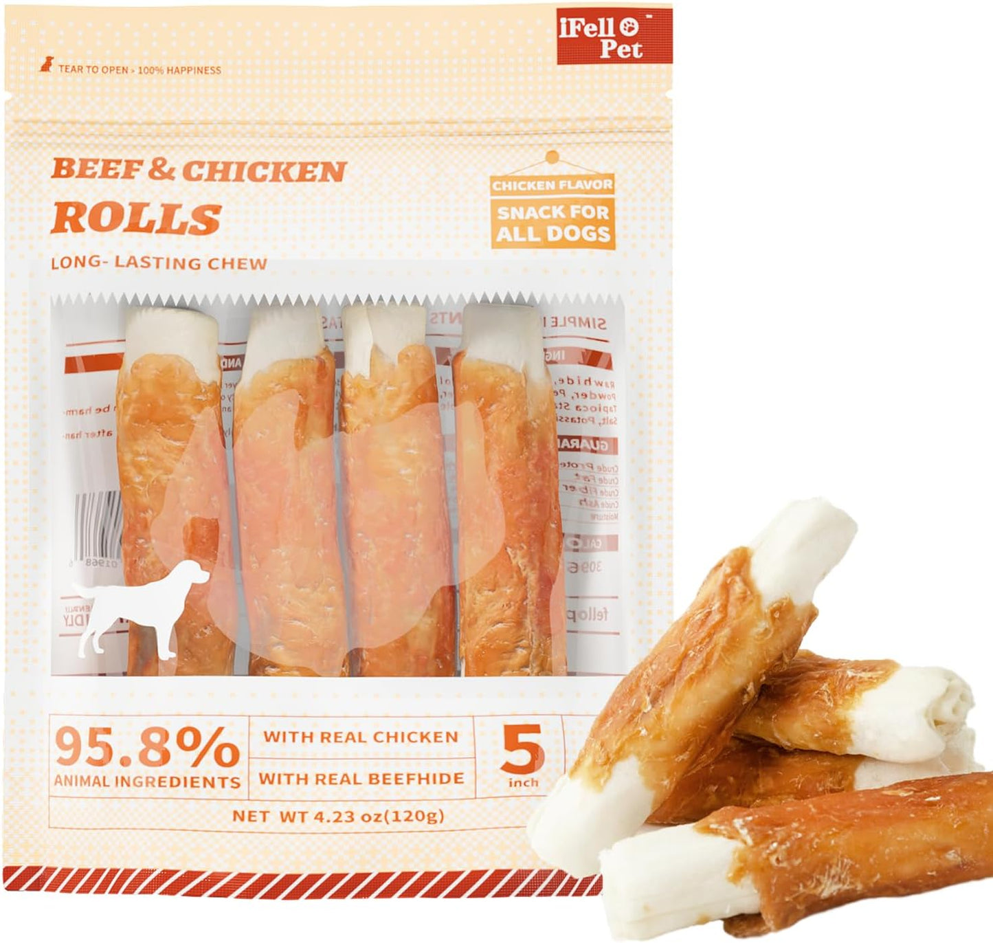 Dog Treats Chews, Chicken Wrapped Rawhide Sticks - Dog Snacks, High Protein, Free Grain & for Medium Large Dogs, 4.23 oz(4 Count)