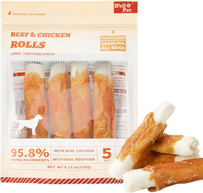 Dog Treats Chews, Chicken Wrapped Rawhide Sticks - Dog Snacks, High Protein, Free Grain & for Medium Large Dogs, 4.23 oz(4 Count)