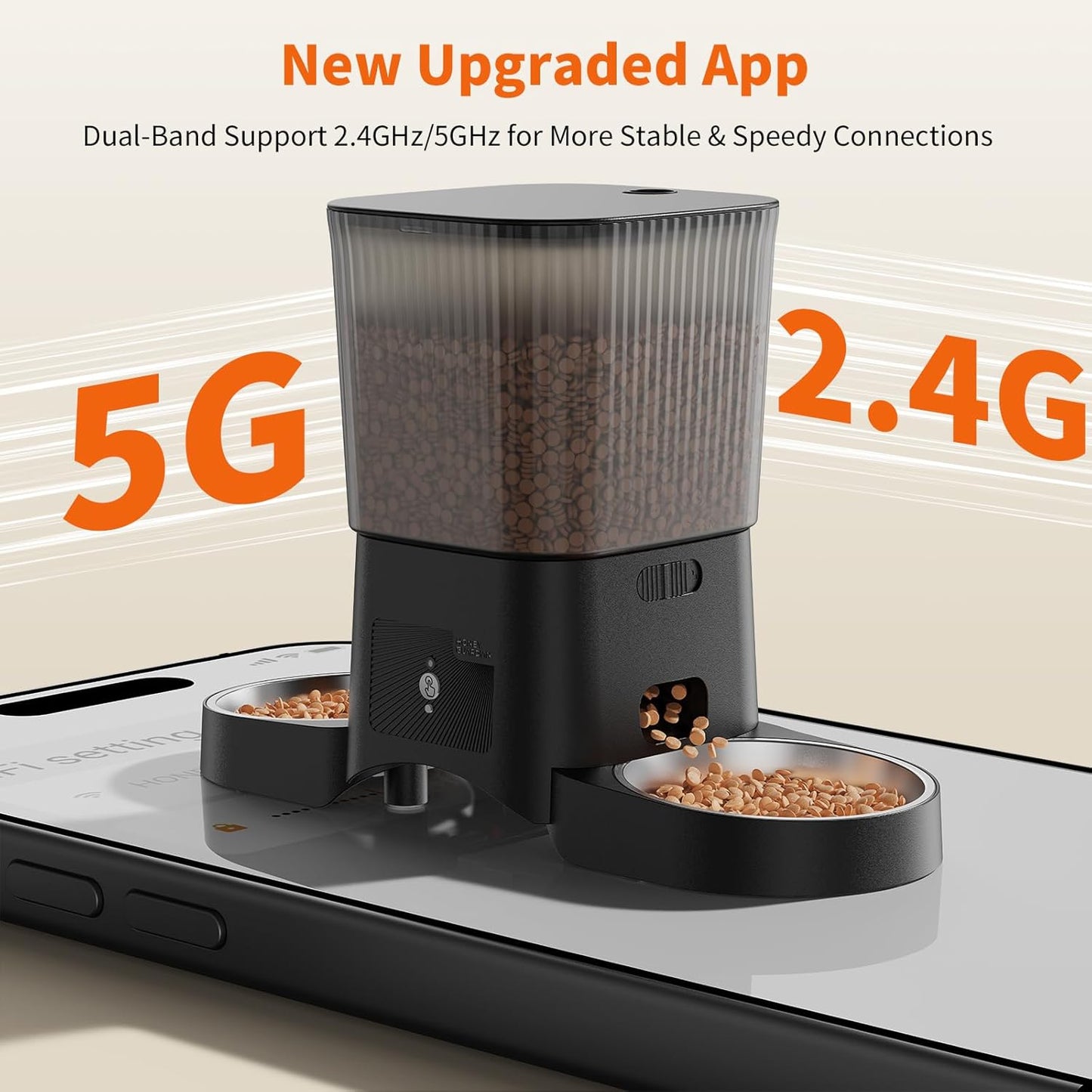 HoneyGuaridan Automatic Cat Feeder with 2.4G/5G WiFi,3.5L Cat Food Dispenser with APP Control – Includes 2 Stainless Steel Bowls & 2 Slow Feeder Anti-Choking Bowls, Four Anti-Slip Feet Black