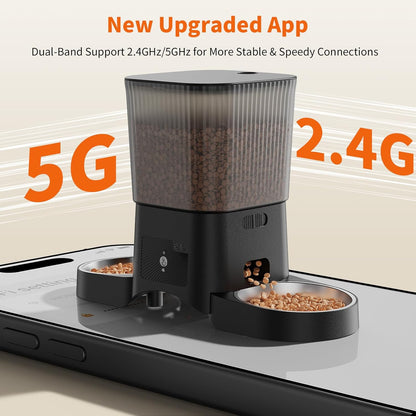 HoneyGuaridan Automatic Cat Feeder with 2.4G/5G WiFi,3.5L Cat Food Dispenser with APP Control – Includes 2 Stainless Steel Bowls & 2 Slow Feeder Anti-Choking Bowls, Four Anti-Slip Feet Black