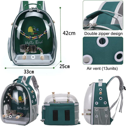 Bird Traval Carrier Cage, Multi Vent Holes Clear Space Capsule Astronaut Backpack to Carry Parakeet Cockatiel Parrot with Metal Tray Wood Perch, Vet Transport Book Bag (Green) (Green)