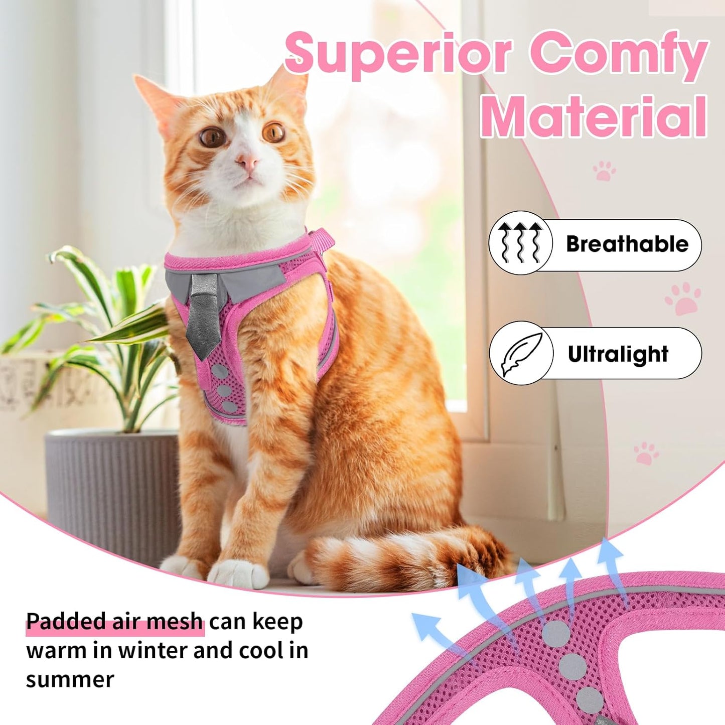Cat Harness and Leash Set for Walking Escape Proof, Soft Adjustable Kitten Harness Breathable Mesh with Reflective Strips Harness for Kitty Puppy Bunny(Pink,XS)