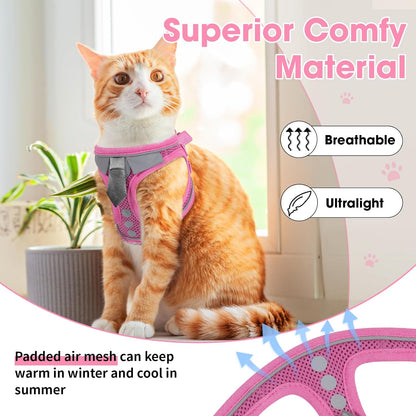 Cat Harness and Leash Set for Walking Escape Proof, Soft Adjustable Kitten Harness Breathable Mesh with Reflective Strips Harness for Kitty Puppy Bunny(Pink,XS)