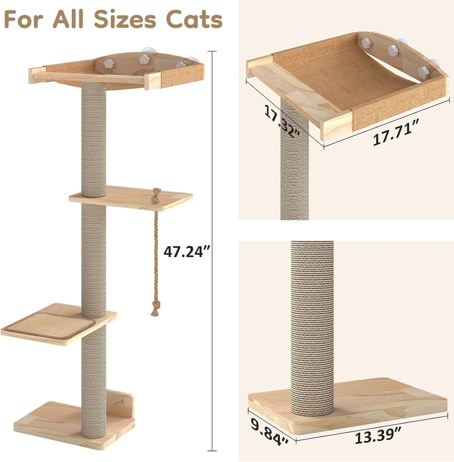 Cat Window Perch with Scratching Post & Step, 47" Adjustable Window Perch for Large Cats, Cat Hammock for Window with Suction Cups, Multi-Level Cat Tree for Climbing, Sunbath, Bird Watching