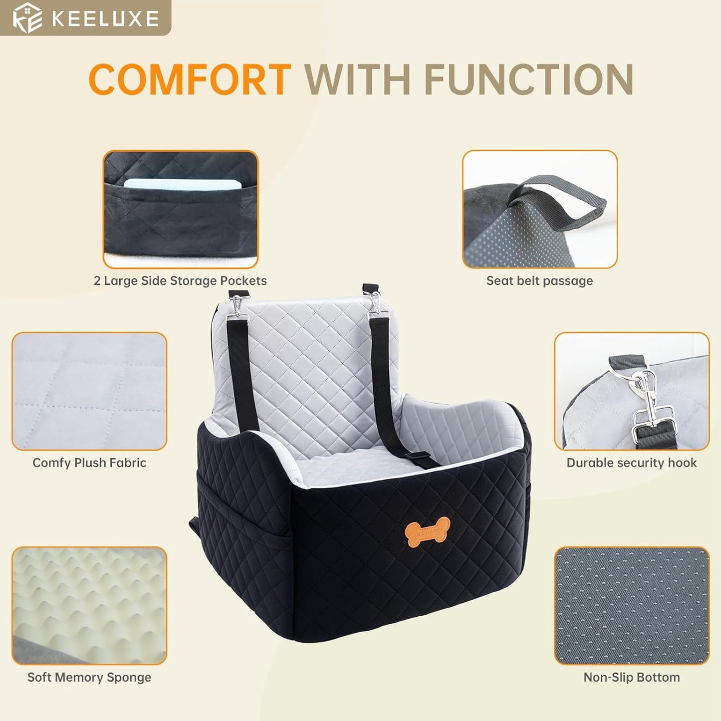 Dog Car Seat for Small Dogs, Dog Booster Seat Filling in Thick Memory Foam with 2 Safety Leashes and Storage Pocket, Suitable for Pet Under 30lb or 2 Puppies (Grey/Black)