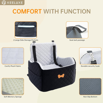 Dog Car Seat for Small Dogs, Dog Booster Seat Filling in Thick Memory Foam with 2 Safety Leashes and Storage Pocket, Suitable for Pet Under 30lb or 2 Puppies (Grey/Black)