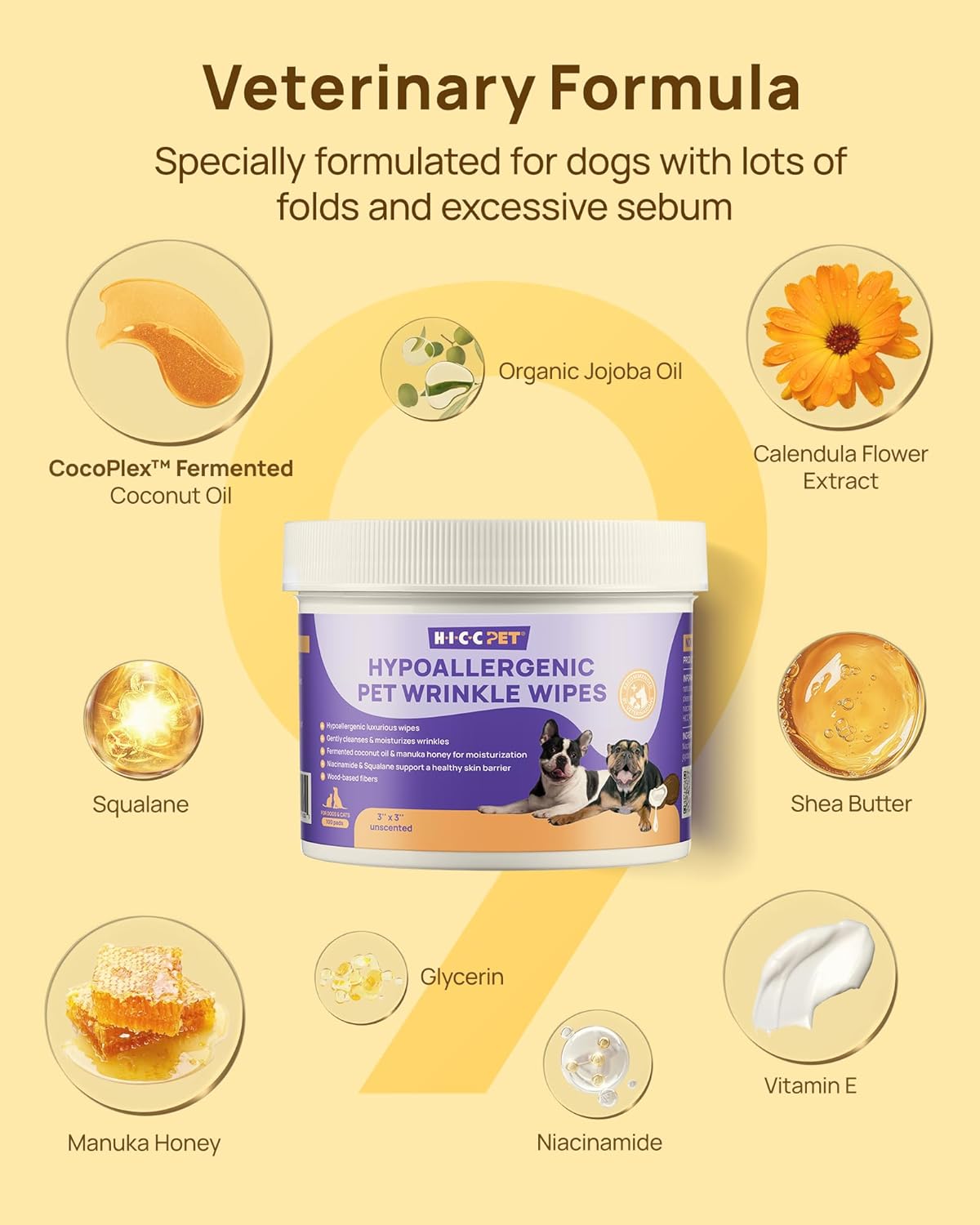 HICC PET Dog Wrinkle Wipes, Gentle Tear Stain Remover & Fold Cleaner, Vet-Approved Wipes for Odor & Itch Relief, Cleans Tail Pockets & Facial Folds for French Bulldogs, Pugs, Shar-PEIS (100 Ct)