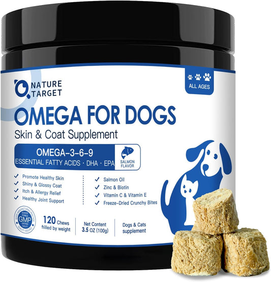 NATURE TARGET Omega 3 Fish Oil for Dogs, Salmon Oil for Skin & Coat Supplement with EPA & DHA Fatty Acids - Dog Itch & Allergy Relief, Anti Shedding, Hot Spots Treatment - Hip & Joint Support - 120ct