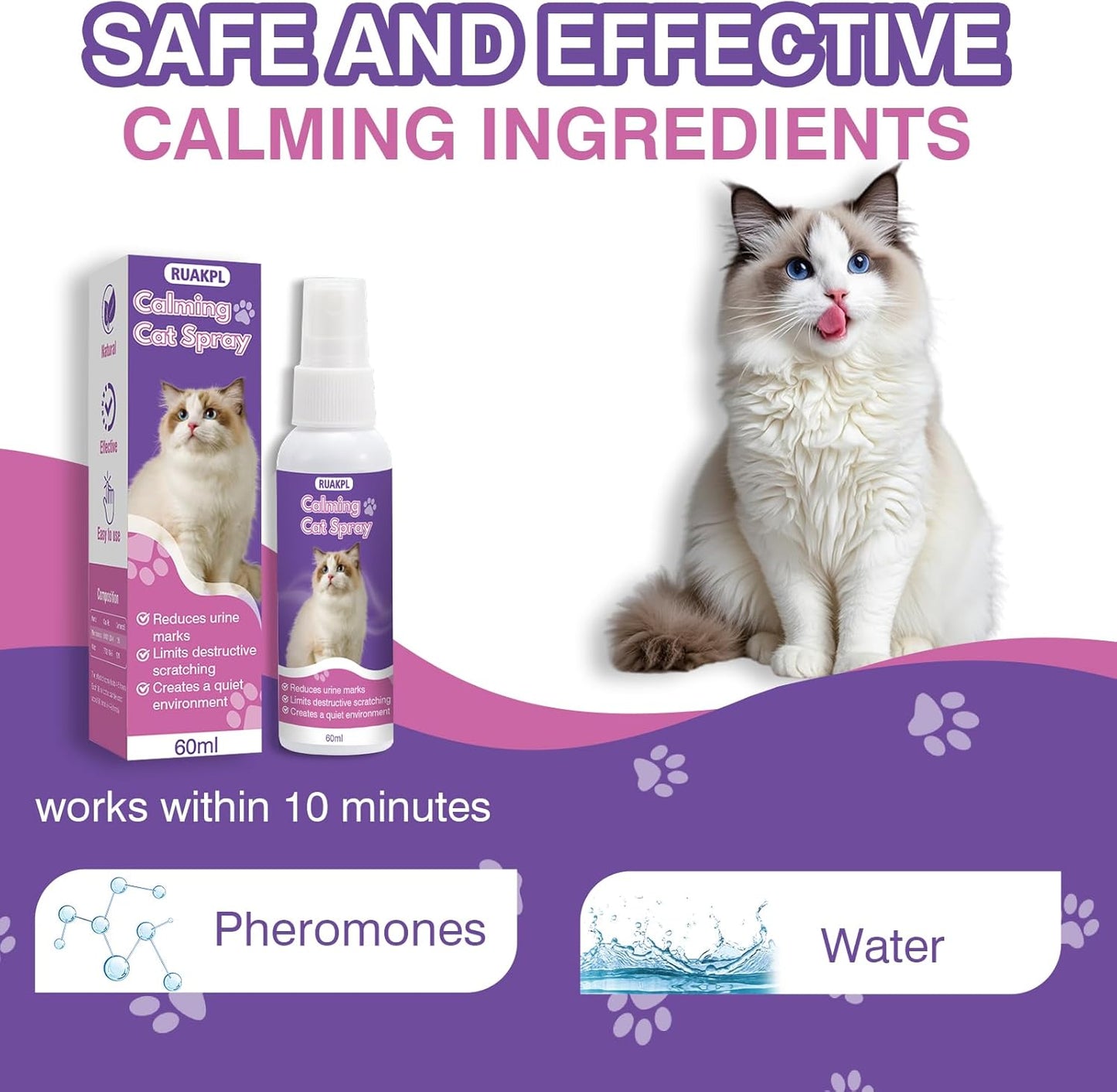 Cat Calming Spray 60 ML 2 Pack Calming Solution for Cats Cat Pheromone Spray Reduces Stress Anxiety Scratching Calming Spray for Cats Good for Home Travel Cat Pheromones Calming Spray