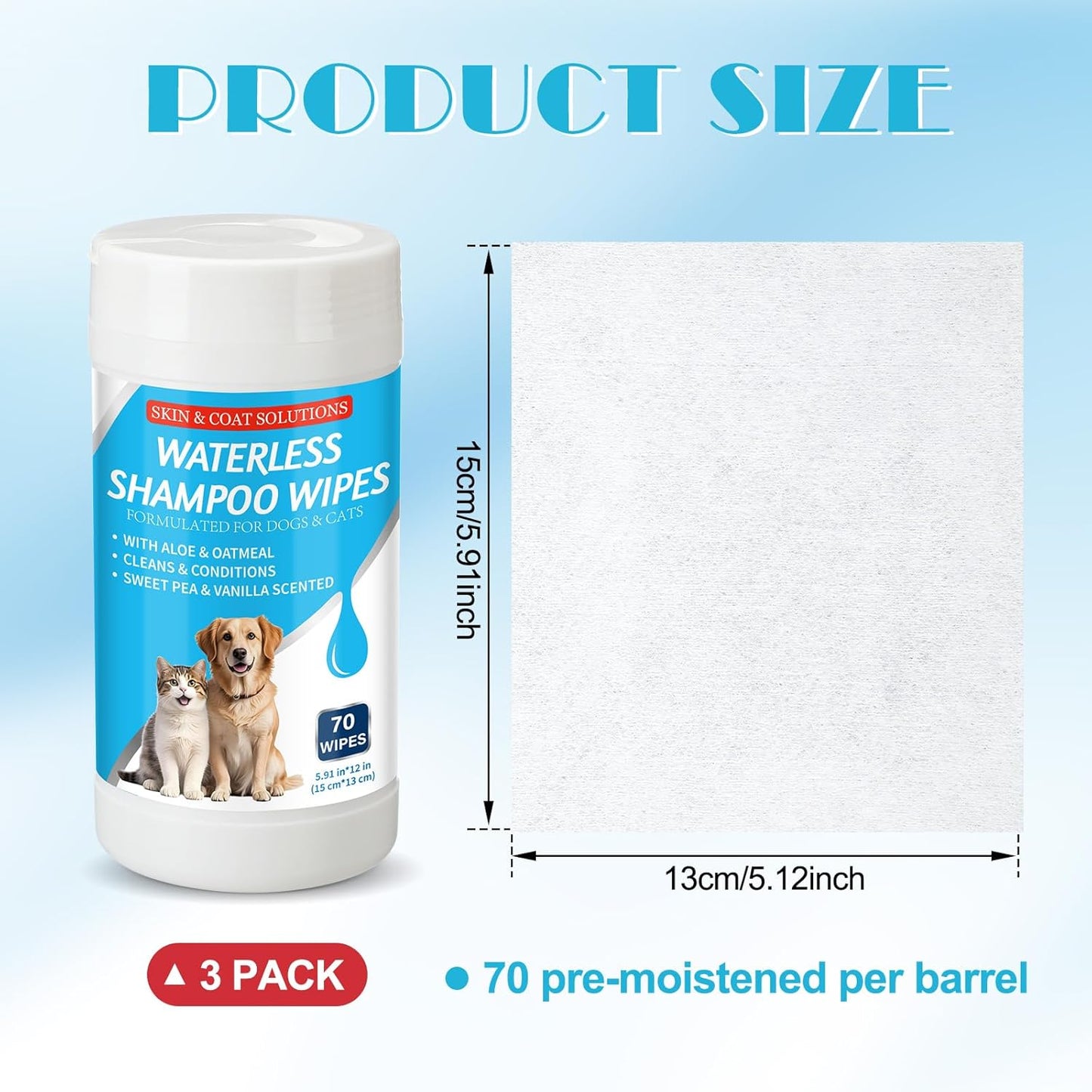 3 Pcs 210 Count Waterless Shampoo Wipes for Dogs Cats 5.91 x 5.12 Inches Dry Pet Bath Cleaning Wipes Safe Disposable for Puppy Cat Cleaning Fur, Deodorizing, Grooming, Sweet Pea Vanilla