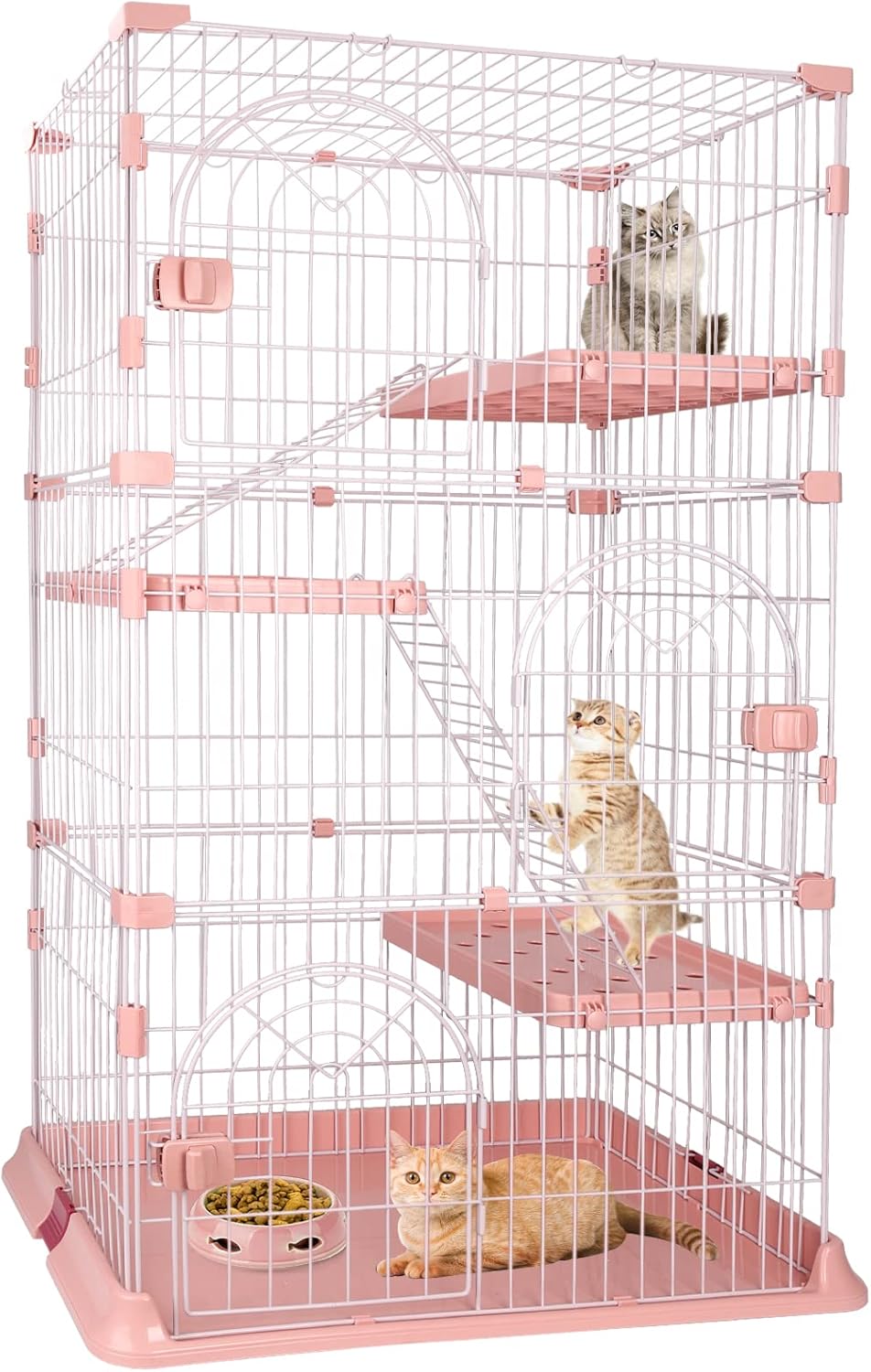 4-Tier Wire Cat Cage Playpen Kennel, 64 Inch Cat Catios Large Space for 1-3 Cats, Pink Cat Crate with 3 Platforms 3 Front Doors 2 Ramp Ladders (Large - 64.4" H x 32.6" L x 23.6" W)