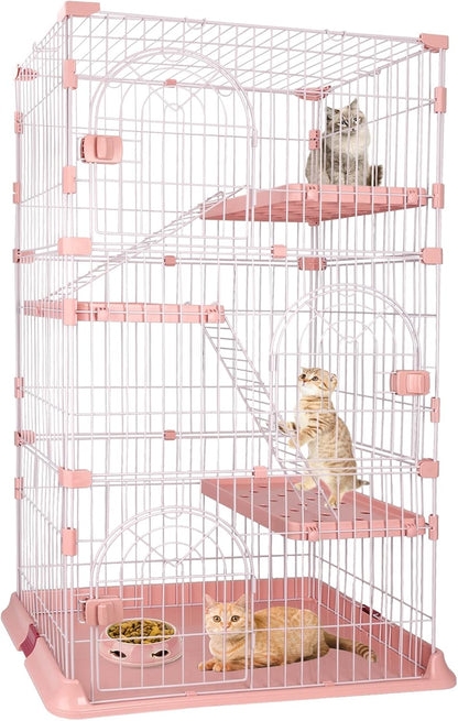 4-Tier Wire Cat Cage Playpen Kennel, 64 Inch Cat Catios Large Space for 1-3 Cats, Pink Cat Crate with 3 Platforms 3 Front Doors 2 Ramp Ladders (Large - 64.4" H x 32.6" L x 23.6" W)