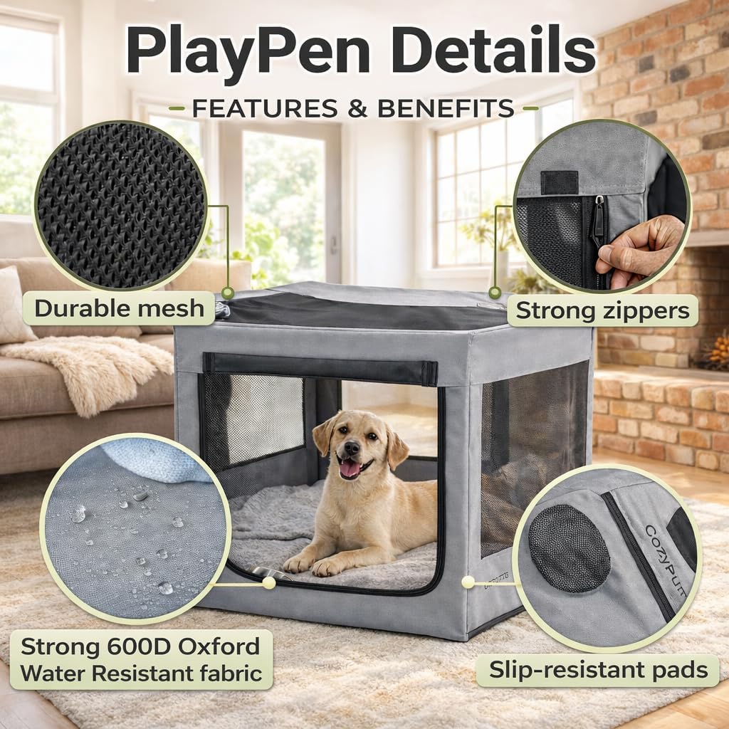 Pet Playpen with Top - Perfect for Puppies & Small Dogs - Indoor and Outdoor Puppy & Dog Play Pen - Features 2 Doors for Easy in and Out Access