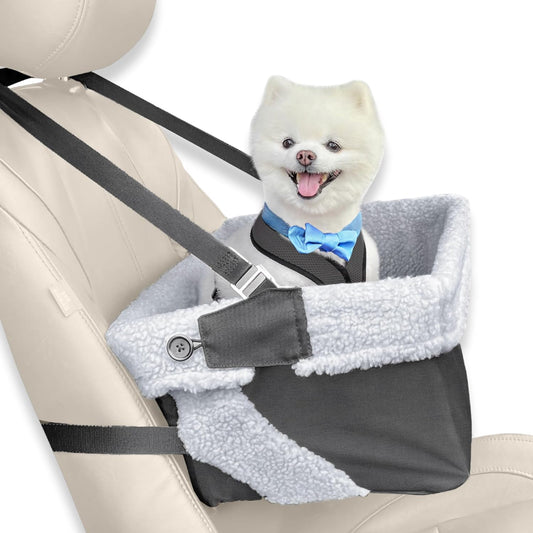 Dog Car Seat for Small Dogs - Grey Dog Booster Seat- Washable, Adjustable and Collapsible Pet Travel Carrier Bed- Includes Safety Seat Belt Tether for Small Dogs, Puppies and Pets up to 18 lbs