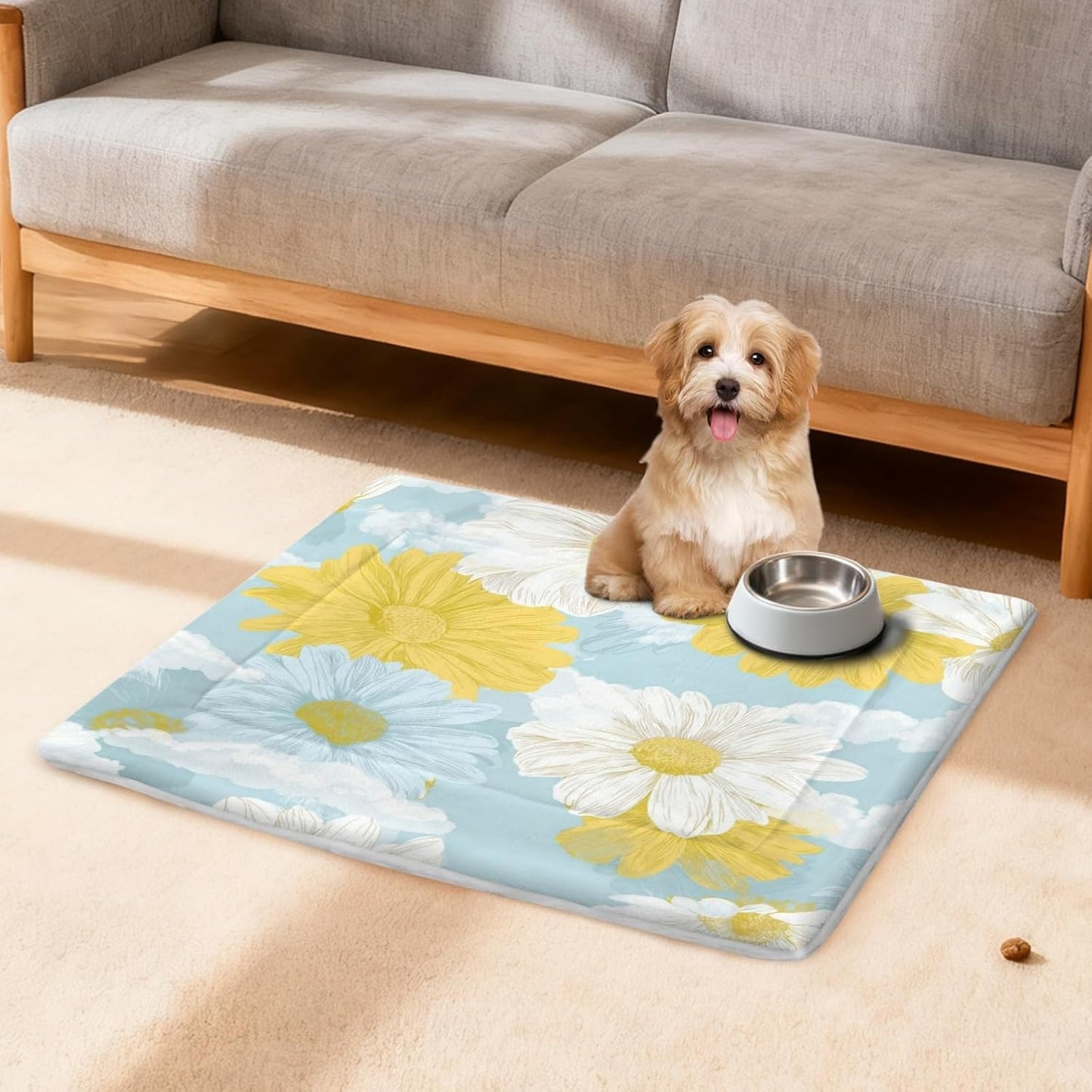 susiyo Yellow Floral Blooming Dog Bed Mat - Super Soft & Warm Pet Pad, 25x18 Inch Machine Washable Mat for Small Medium Dogs, Couch Protector, Crate & Travel Bed Topper