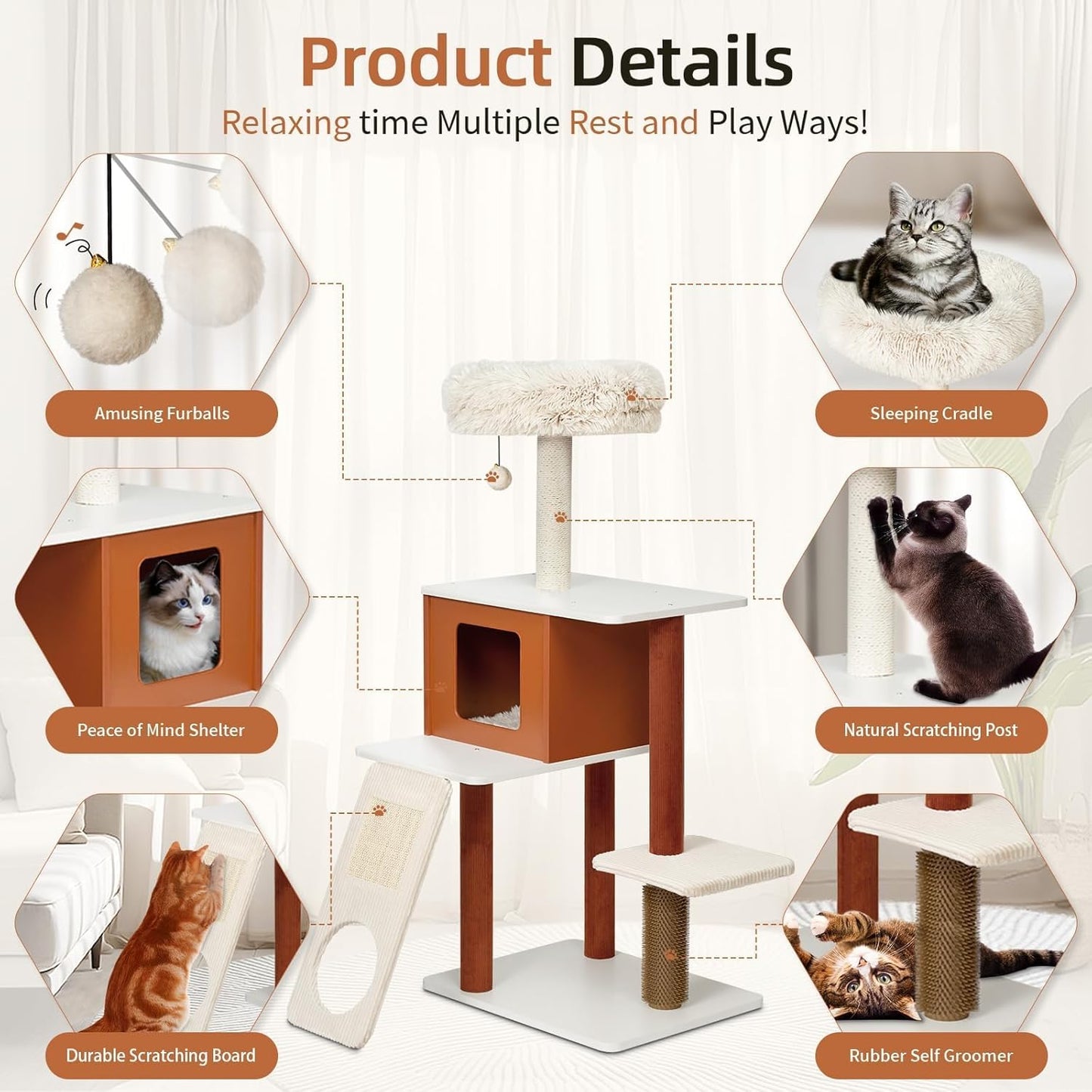 Premium 50in Modern Cat Tree with Solid Wood Frame - Multi-Level Activity Center for 3-5 Small to Medium Cats, Featuring Paper Rope Scratching Posts, Plush Top Perch, Enclosed Condo & Hanging Toy