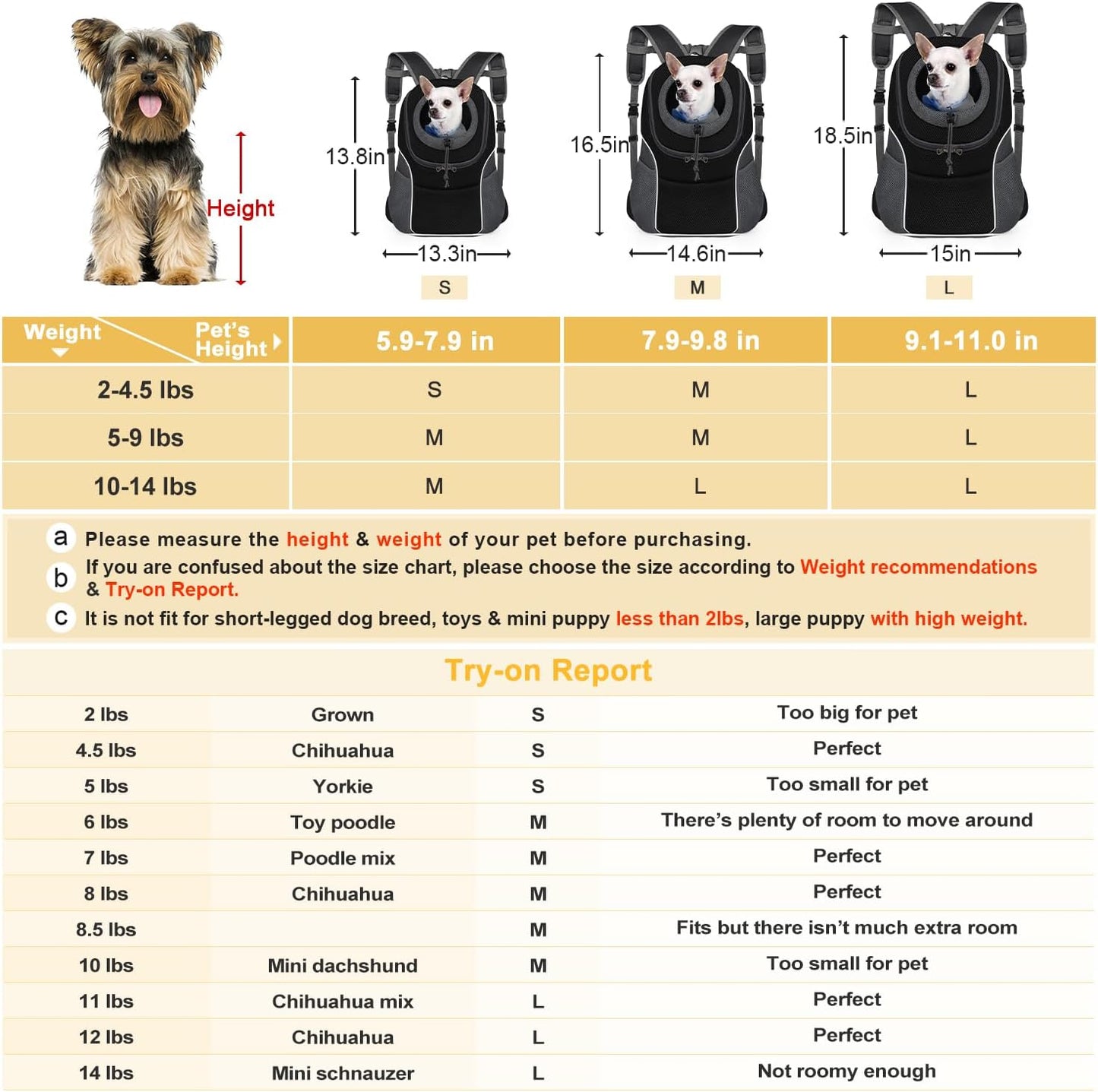 WOYYHO Pet Dog Carrier Backpack Small Dog Front Backpack Ventilated Dog Carrier Back Pack with Storage Pockets, Adjustable Straps & Safety Belt for Travel Hiking Outdoor (Size M: 5-9 lbs, Black)